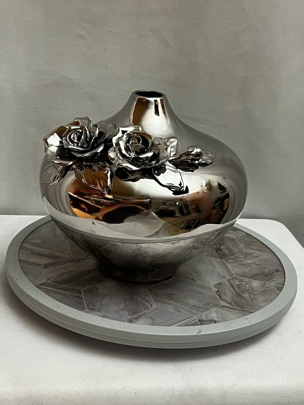Silver Chrome Rose Flower Decorative Vase Modern Glam Floral Accent 8”